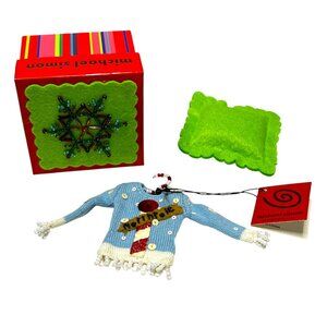Michael Simon Christmas Blue Northpole Sweater Ornament with Gift Box Pillow Tag